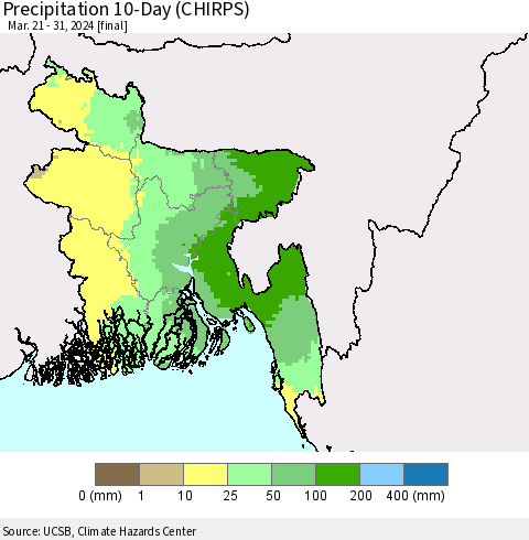Bangladesh Precipitation 10-Day (CHIRPS) Thematic Map For 3/21/2024 - 3/31/2024