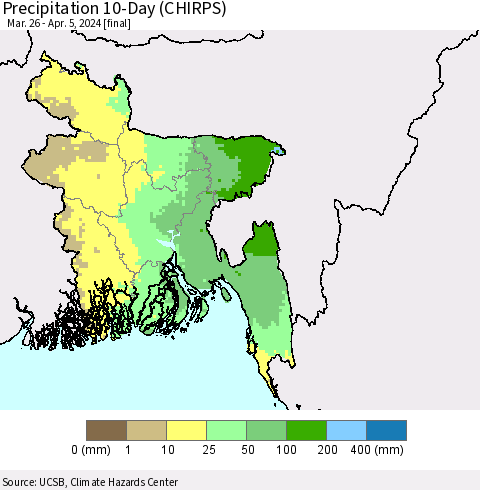 Bangladesh Precipitation 10-Day (CHIRPS) Thematic Map For 3/26/2024 - 4/5/2024