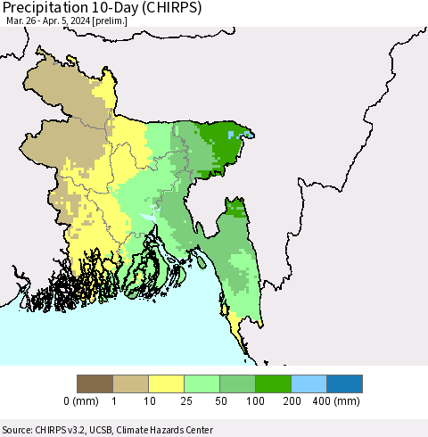 Bangladesh Precipitation 10-Day (CHIRPS) Thematic Map For 3/26/2024 - 4/5/2024