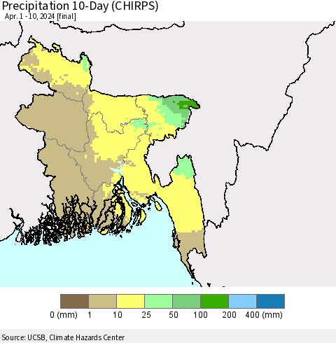 Bangladesh Precipitation 10-Day (CHIRPS) Thematic Map For 4/1/2024 - 4/10/2024