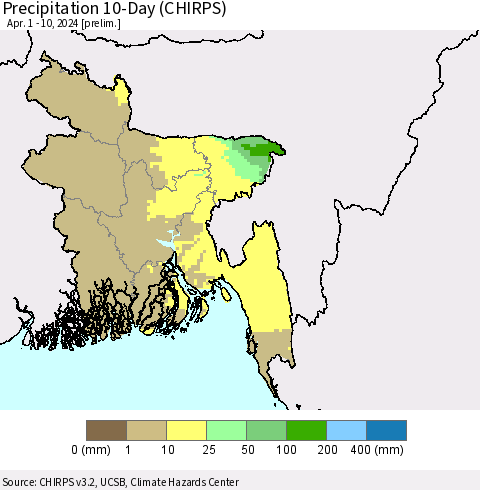 Bangladesh Precipitation 10-Day (CHIRPS) Thematic Map For 4/1/2024 - 4/10/2024