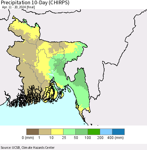 Bangladesh Precipitation 10-Day (CHIRPS) Thematic Map For 4/11/2024 - 4/20/2024