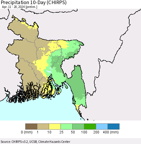 Bangladesh Precipitation 10-Day (CHIRPS) Thematic Map For 4/11/2024 - 4/20/2024
