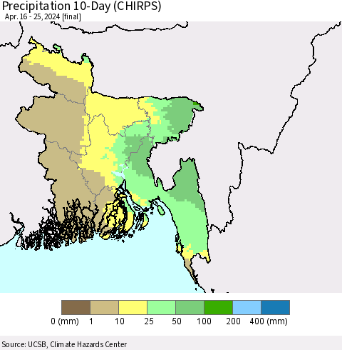 Bangladesh Precipitation 10-Day (CHIRPS) Thematic Map For 4/16/2024 - 4/25/2024