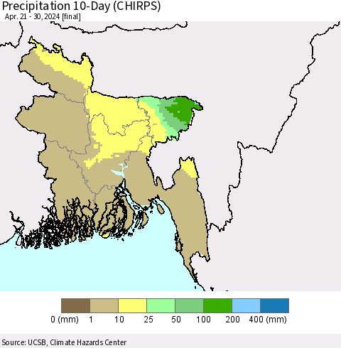 Bangladesh Precipitation 10-Day (CHIRPS) Thematic Map For 4/21/2024 - 4/30/2024