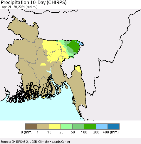 Bangladesh Precipitation 10-Day (CHIRPS) Thematic Map For 4/21/2024 - 4/30/2024