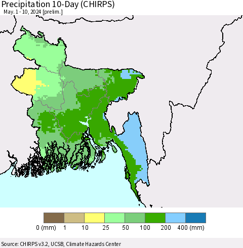 Bangladesh Precipitation 10-Day (CHIRPS) Thematic Map For 5/1/2024 - 5/10/2024