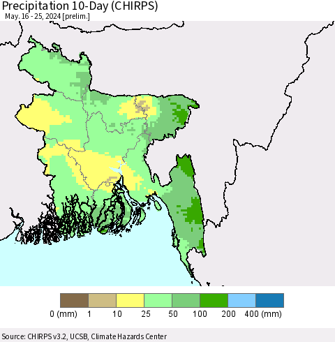 Bangladesh Precipitation 10-Day (CHIRPS) Thematic Map For 5/16/2024 - 5/25/2024