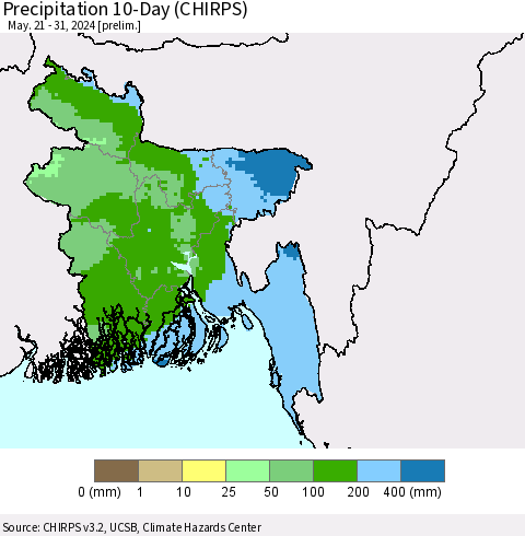 Bangladesh Precipitation 10-Day (CHIRPS) Thematic Map For 5/21/2024 - 5/31/2024