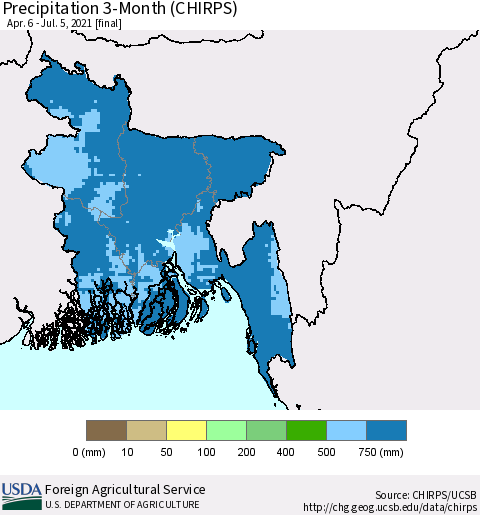 Bangladesh Precipitation 3-Month (CHIRPS) Thematic Map For 4/6/2021 - 7/5/2021