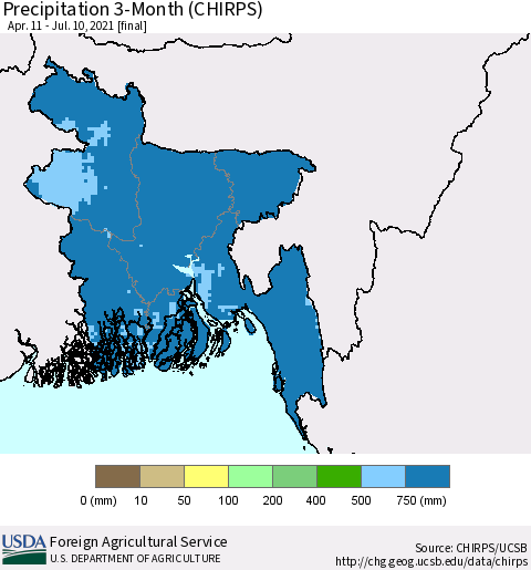 Bangladesh Precipitation 3-Month (CHIRPS) Thematic Map For 4/11/2021 - 7/10/2021