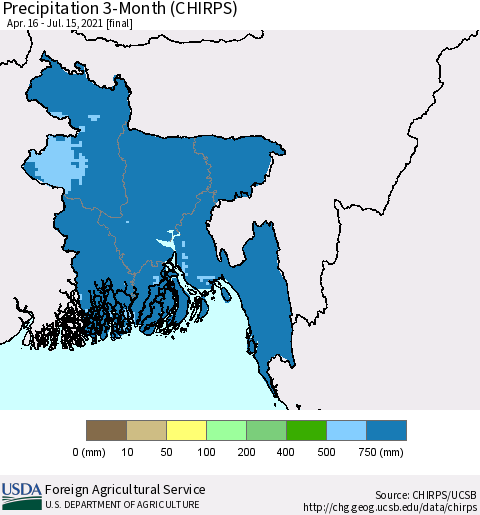 Bangladesh Precipitation 3-Month (CHIRPS) Thematic Map For 4/16/2021 - 7/15/2021