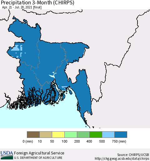 Bangladesh Precipitation 3-Month (CHIRPS) Thematic Map For 4/21/2021 - 7/20/2021