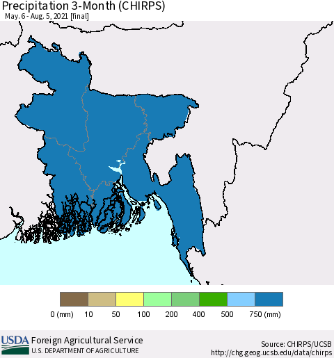Bangladesh Precipitation 3-Month (CHIRPS) Thematic Map For 5/6/2021 - 8/5/2021