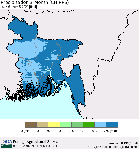 Bangladesh Precipitation 3-Month (CHIRPS) Thematic Map For 8/6/2021 - 11/5/2021