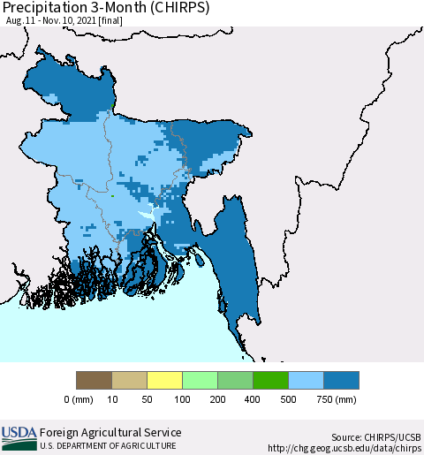Bangladesh Precipitation 3-Month (CHIRPS) Thematic Map For 8/11/2021 - 11/10/2021