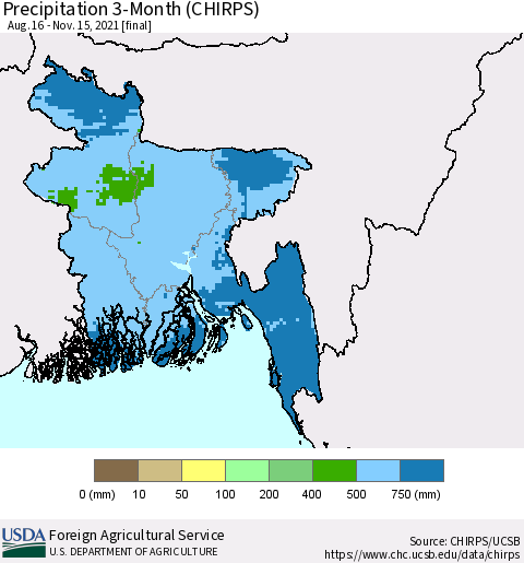Bangladesh Precipitation 3-Month (CHIRPS) Thematic Map For 8/16/2021 - 11/15/2021