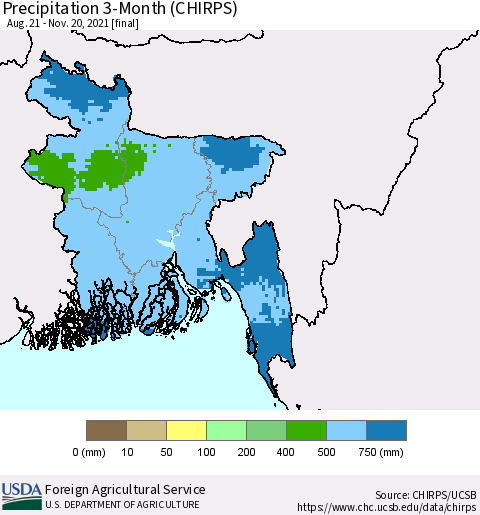 Bangladesh Precipitation 3-Month (CHIRPS) Thematic Map For 8/21/2021 - 11/20/2021