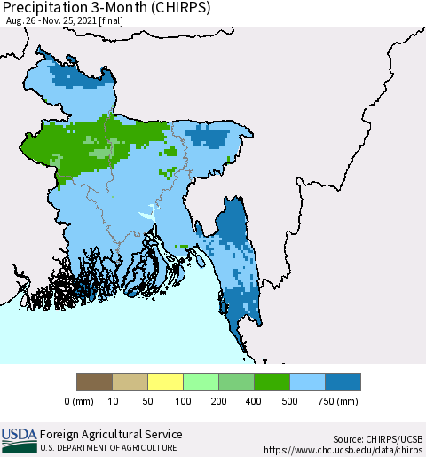 Bangladesh Precipitation 3-Month (CHIRPS) Thematic Map For 8/26/2021 - 11/25/2021