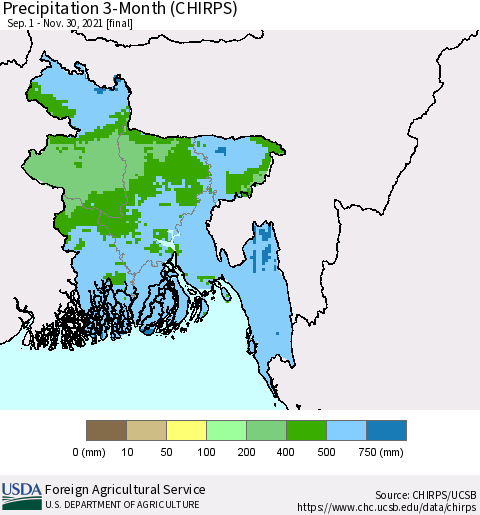 Bangladesh Precipitation 3-Month (CHIRPS) Thematic Map For 9/1/2021 - 11/30/2021