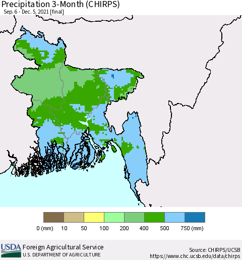 Bangladesh Precipitation 3-Month (CHIRPS) Thematic Map For 9/6/2021 - 12/5/2021