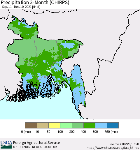 Bangladesh Precipitation 3-Month (CHIRPS) Thematic Map For 9/11/2021 - 12/10/2021