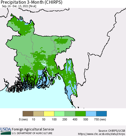 Bangladesh Precipitation 3-Month (CHIRPS) Thematic Map For 9/16/2021 - 12/15/2021