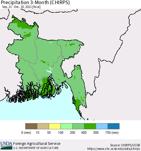 Bangladesh Precipitation 3-Month (CHIRPS) Thematic Map For 9/21/2021 - 12/20/2021