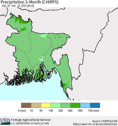 Bangladesh Precipitation 3-Month (CHIRPS) Thematic Map For 9/26/2021 - 12/25/2021