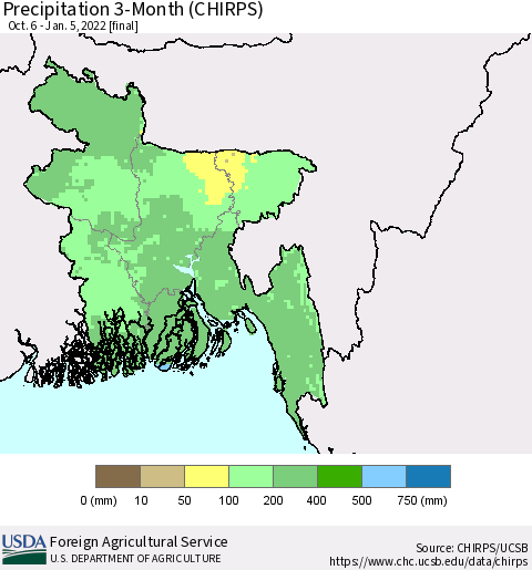 Bangladesh Precipitation 3-Month (CHIRPS) Thematic Map For 10/6/2021 - 1/5/2022