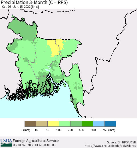 Bangladesh Precipitation 3-Month (CHIRPS) Thematic Map For 10/16/2021 - 1/15/2022