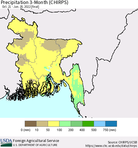 Bangladesh Precipitation 3-Month (CHIRPS) Thematic Map For 10/21/2021 - 1/20/2022