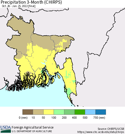 Bangladesh Precipitation 3-Month (CHIRPS) Thematic Map For 10/26/2021 - 1/25/2022