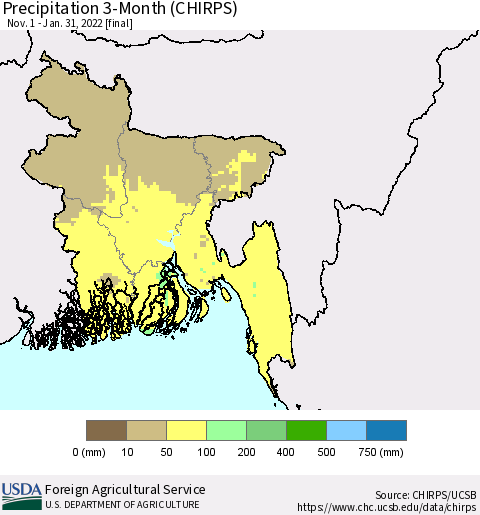 Bangladesh Precipitation 3-Month (CHIRPS) Thematic Map For 11/1/2021 - 1/31/2022