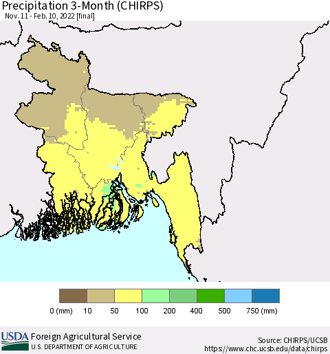 Bangladesh Precipitation 3-Month (CHIRPS) Thematic Map For 11/11/2021 - 2/10/2022