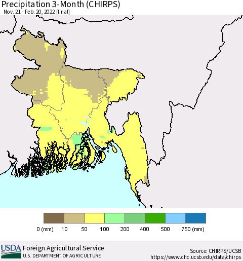 Bangladesh Precipitation 3-Month (CHIRPS) Thematic Map For 11/21/2021 - 2/20/2022