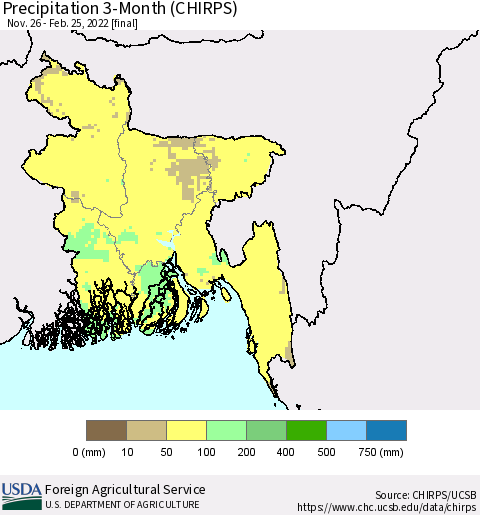 Bangladesh Precipitation 3-Month (CHIRPS) Thematic Map For 11/26/2021 - 2/25/2022