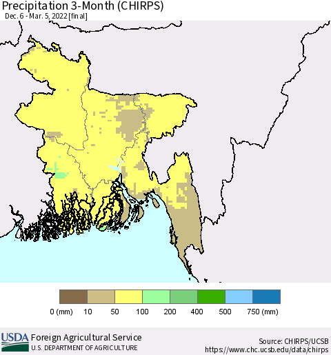 Bangladesh Precipitation 3-Month (CHIRPS) Thematic Map For 12/6/2021 - 3/5/2022