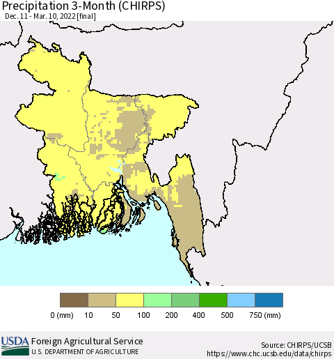 Bangladesh Precipitation 3-Month (CHIRPS) Thematic Map For 12/11/2021 - 3/10/2022