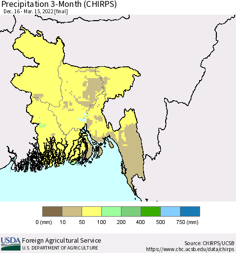 Bangladesh Precipitation 3-Month (CHIRPS) Thematic Map For 12/16/2021 - 3/15/2022