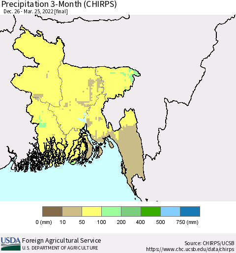 Bangladesh Precipitation 3-Month (CHIRPS) Thematic Map For 12/26/2021 - 3/25/2022