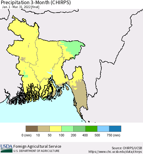 Bangladesh Precipitation 3-Month (CHIRPS) Thematic Map For 1/1/2022 - 3/31/2022