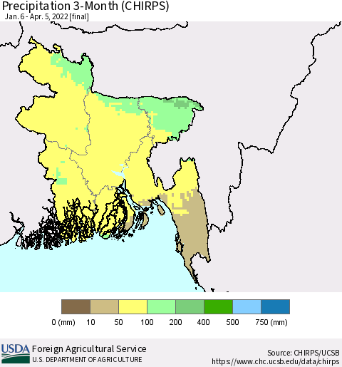 Bangladesh Precipitation 3-Month (CHIRPS) Thematic Map For 1/6/2022 - 4/5/2022