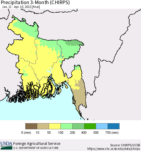 Bangladesh Precipitation 3-Month (CHIRPS) Thematic Map For 1/11/2022 - 4/10/2022