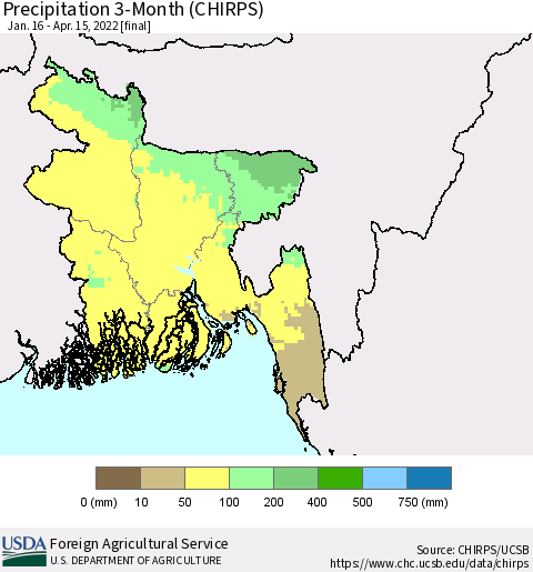 Bangladesh Precipitation 3-Month (CHIRPS) Thematic Map For 1/16/2022 - 4/15/2022