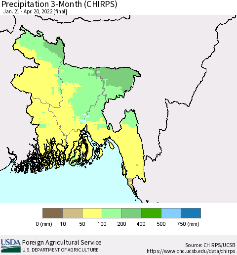 Bangladesh Precipitation 3-Month (CHIRPS) Thematic Map For 1/21/2022 - 4/20/2022