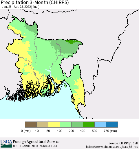 Bangladesh Precipitation 3-Month (CHIRPS) Thematic Map For 1/26/2022 - 4/25/2022