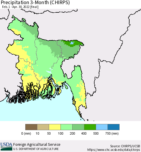 Bangladesh Precipitation 3-Month (CHIRPS) Thematic Map For 2/1/2022 - 4/30/2022