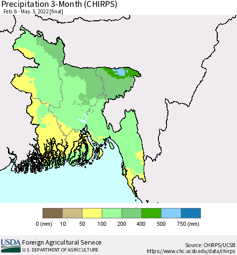 Bangladesh Precipitation 3-Month (CHIRPS) Thematic Map For 2/6/2022 - 5/5/2022