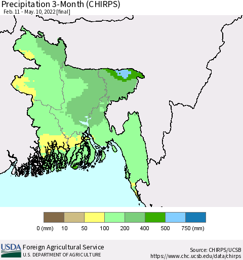 Bangladesh Precipitation 3-Month (CHIRPS) Thematic Map For 2/11/2022 - 5/10/2022